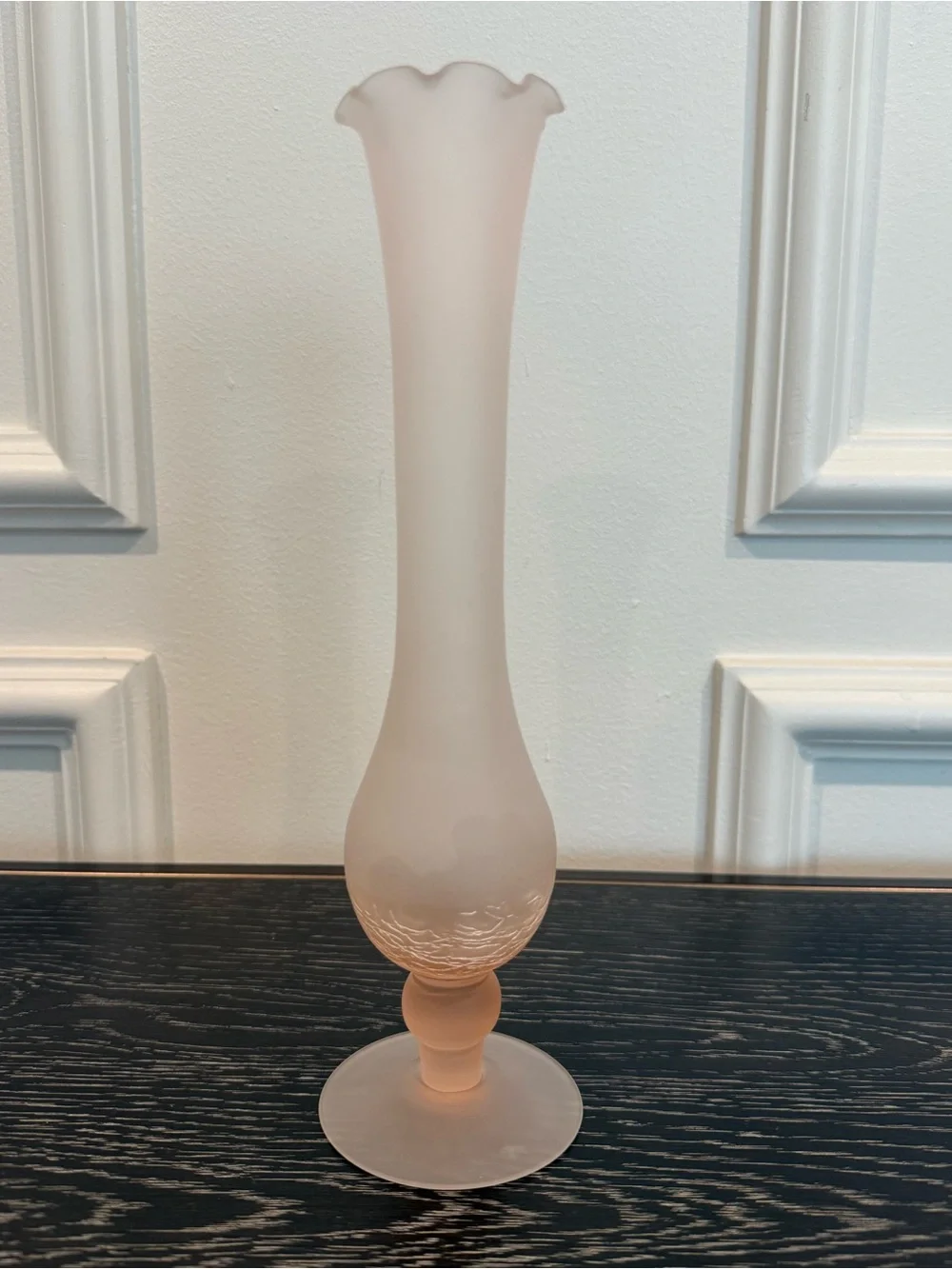 Vintage Pink Frosted Fluted Vase Ruffled Top Crackle Glass